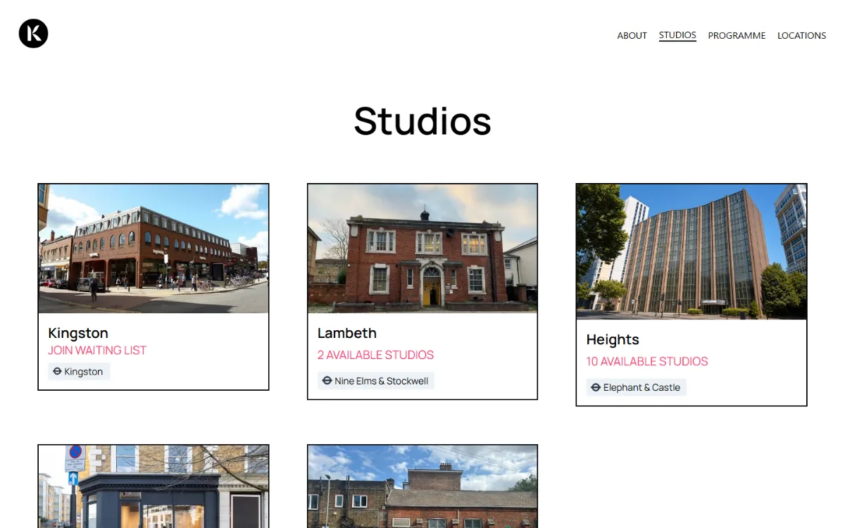 Studios page with availability
